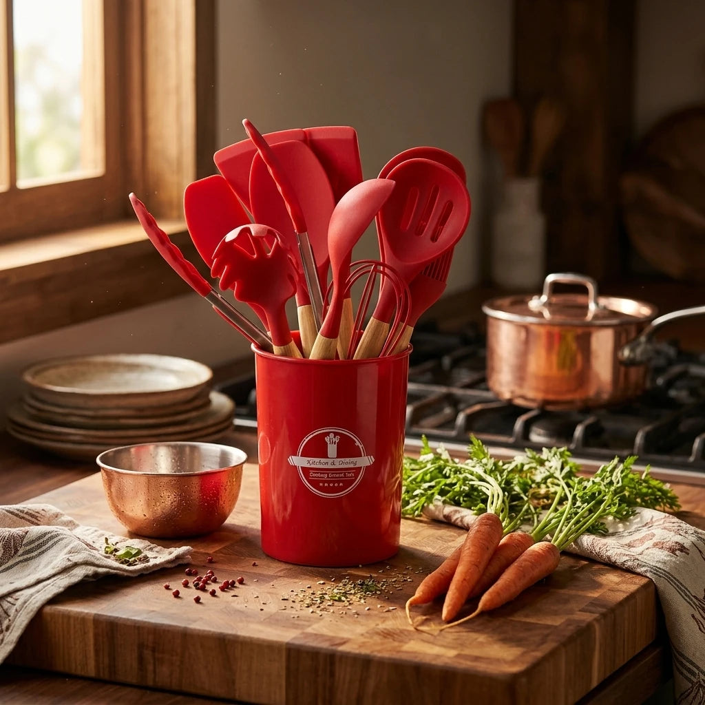 Best Silicone 12-Piece Kitchen Utensil Set - Red, Black & Grey