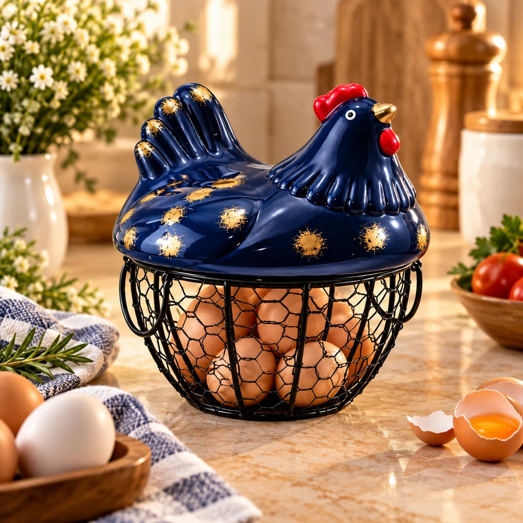 Nordic 7.5-Inch Egg Basket With Ceramic Chicken Cover - White & Black