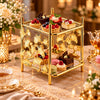 Fancy 2-Tier Rectangular Glass Dessert Stand With Gold-Toned Leaf Frame