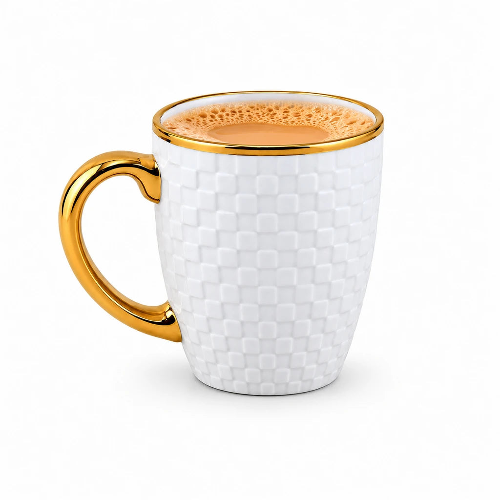 Royal Checker Relief Ceramic Mug with Gold-Tone Handle, 450 ml