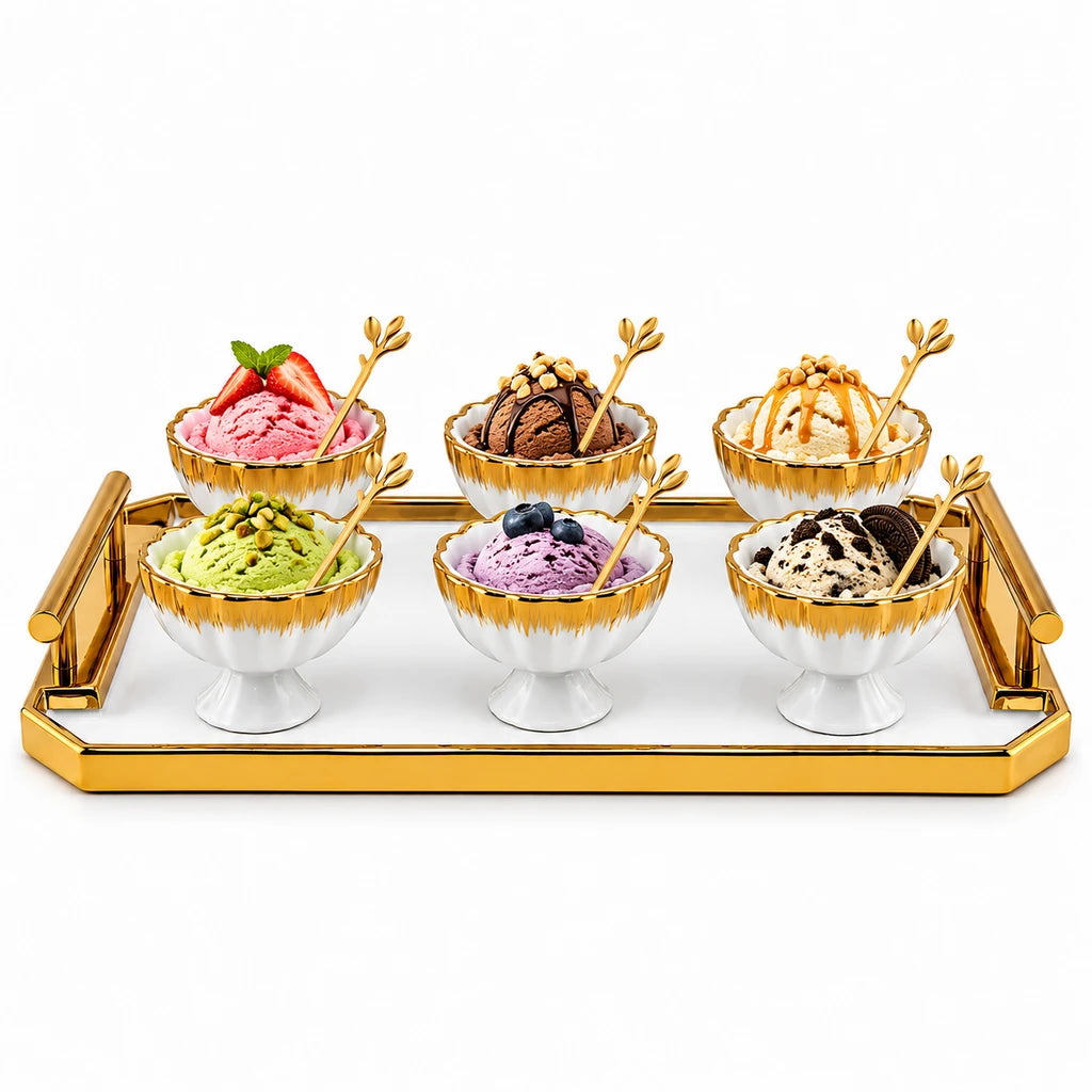 Nordic Royal Rose Ceramic Ice Cream Set with Tray, 13 Pieces