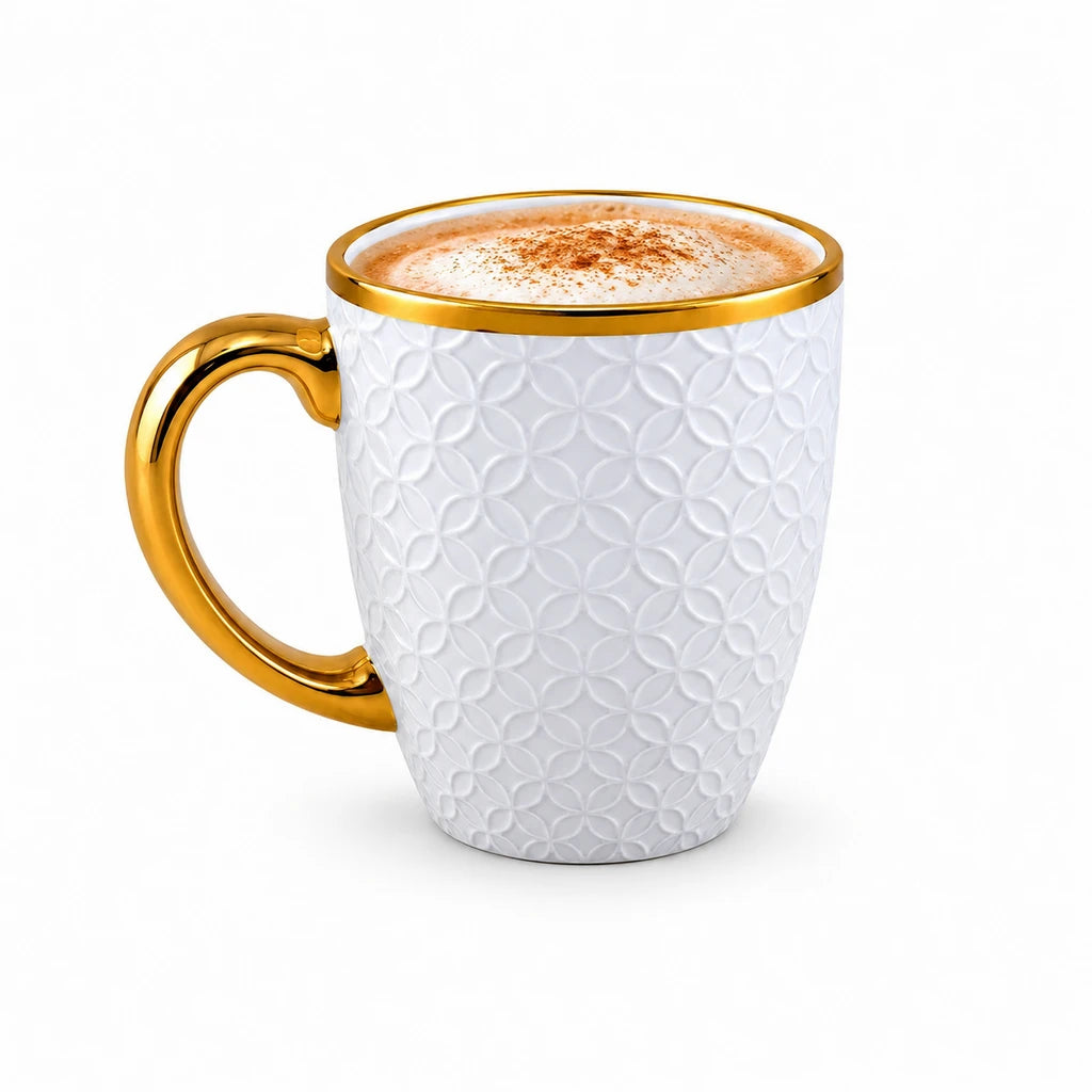 Royal Petal Lattice Ceramic Mug with Gold-Tone Handle, 450 ml