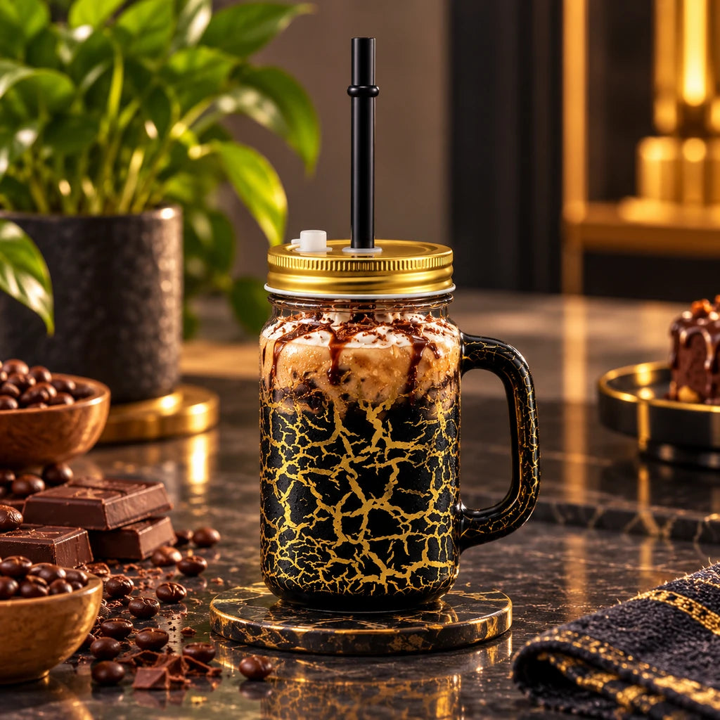 Kleeyo Black & Gold Crackle 450 ml Glass Mason Jar