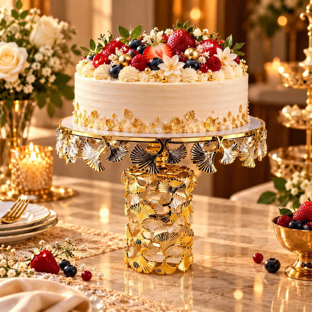 Fancy Round Ceramic Cake Dish With Leaf Pedestal Stand - 20, 26 & 30 cm