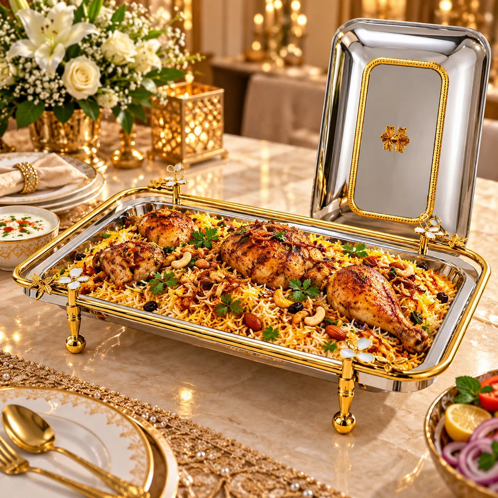 Fancy Stainless Steel Rectangular Serving Dish With Stand - 40, 41 & 47 cm