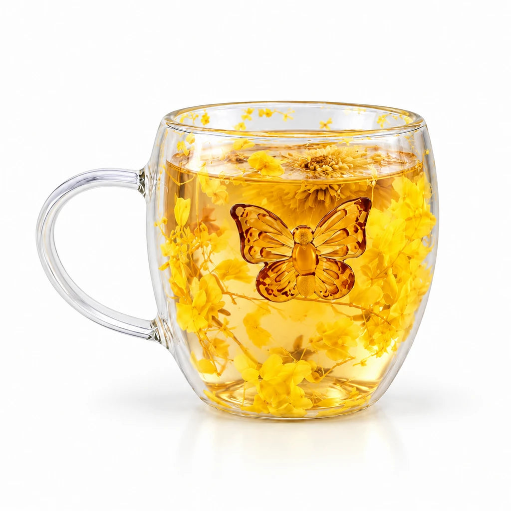D.W.M Yellow Floral Butterfly Double-Wall Glass Mug, 400 ml