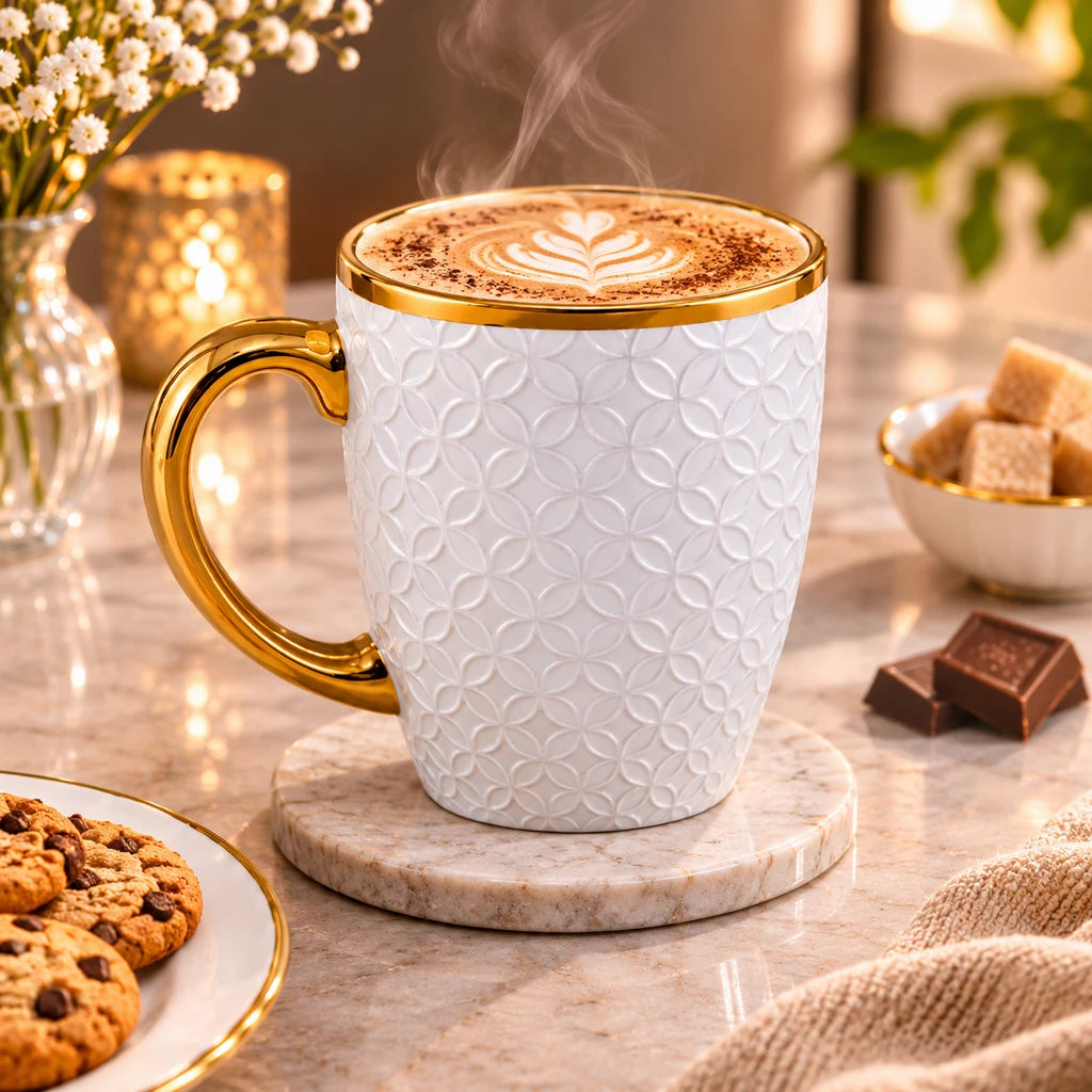 Royal Petal Lattice Ceramic Mug with Gold-Tone Handle, 450 ml
