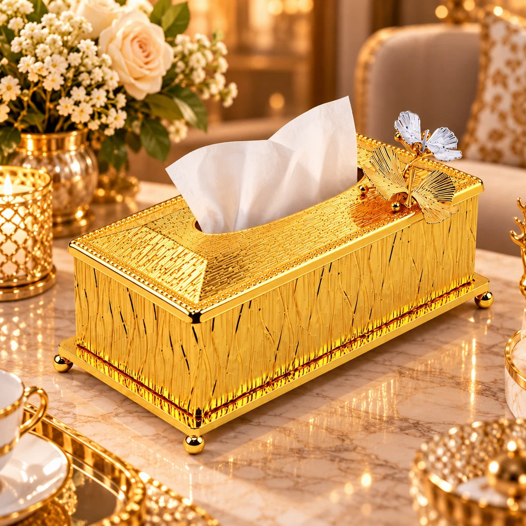Fancy Gold-Toned Stainless Steel Tissue Box With Leaf Accents & Textured Sides