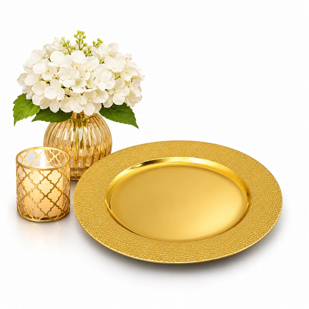 Golden Pebble Rim Plastic Charger Plate, 12 Inch, Display Only