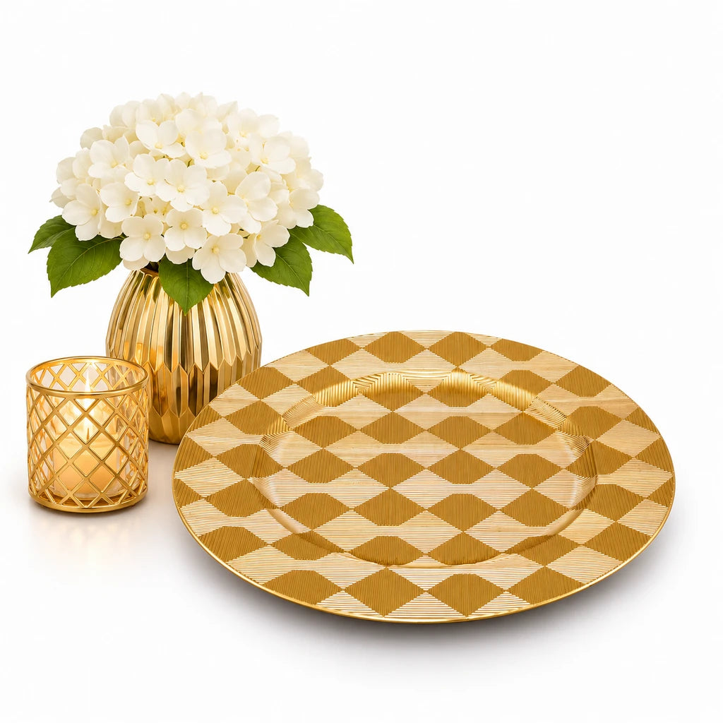 Golden Diamond Weave Plastic Charger Plate, 12 Inch, Display Only