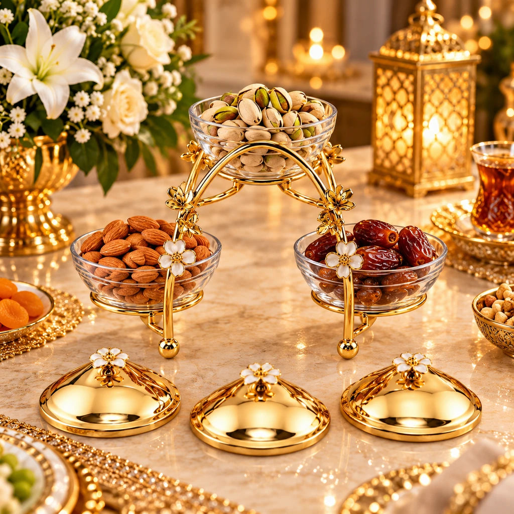 Fancy 3-Bowl Glass Dry Fruit Dish With Arched Stainless Steel Stand & Gold-Toned Lids
