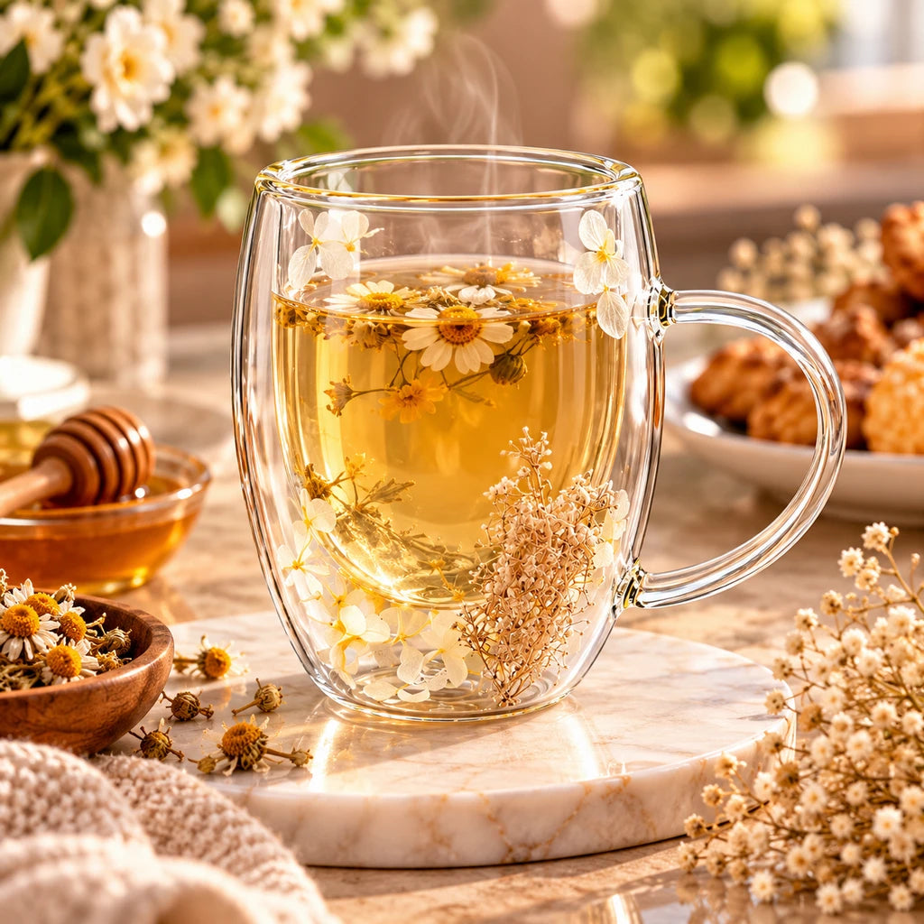 D.W.M Ivory Blossom & Beige Sprig Double-Wall Glass Mug, 350 ml