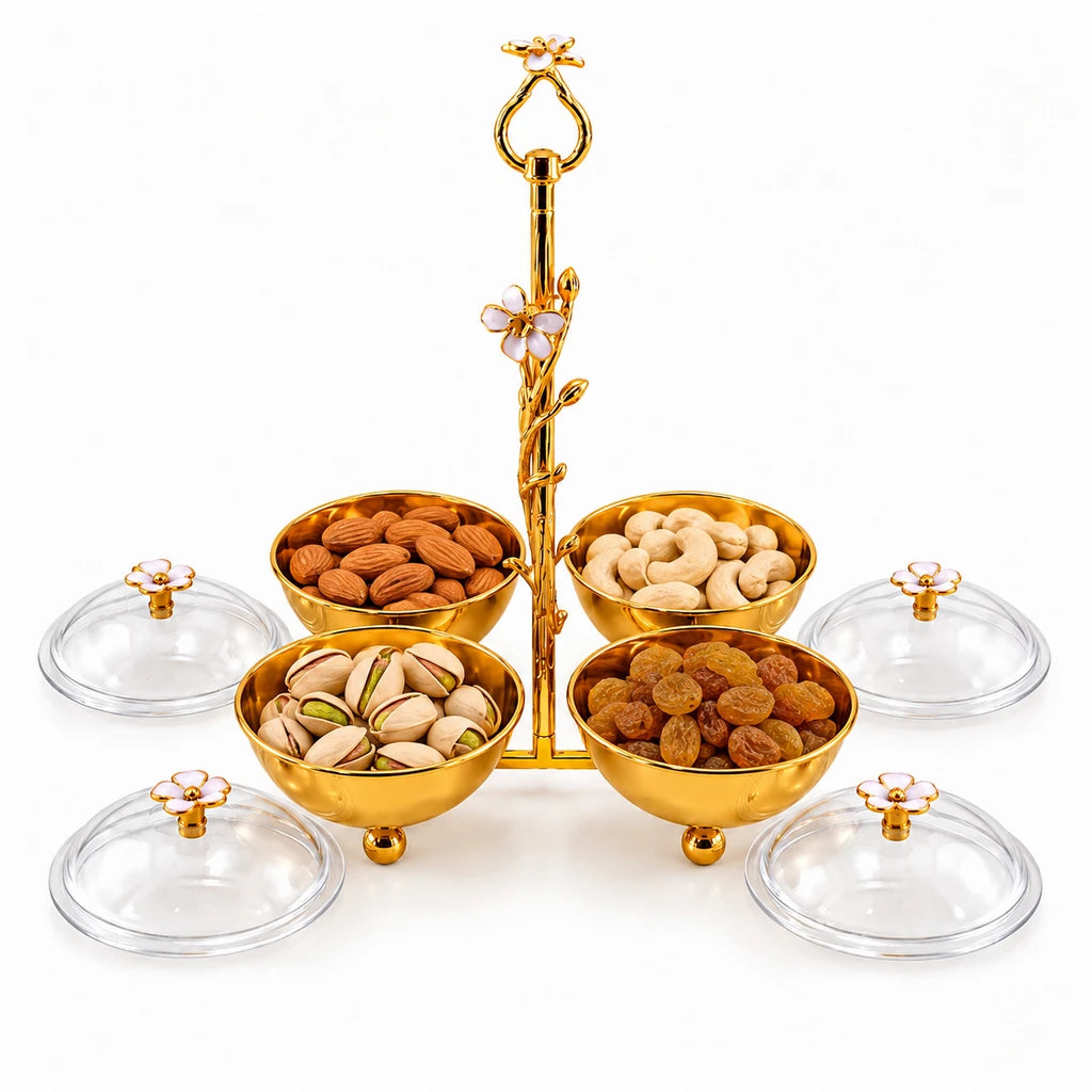 Fancy 4-Bowl Stainless Steel Dry Fruit Stand With Floral Centre Handle & Lids