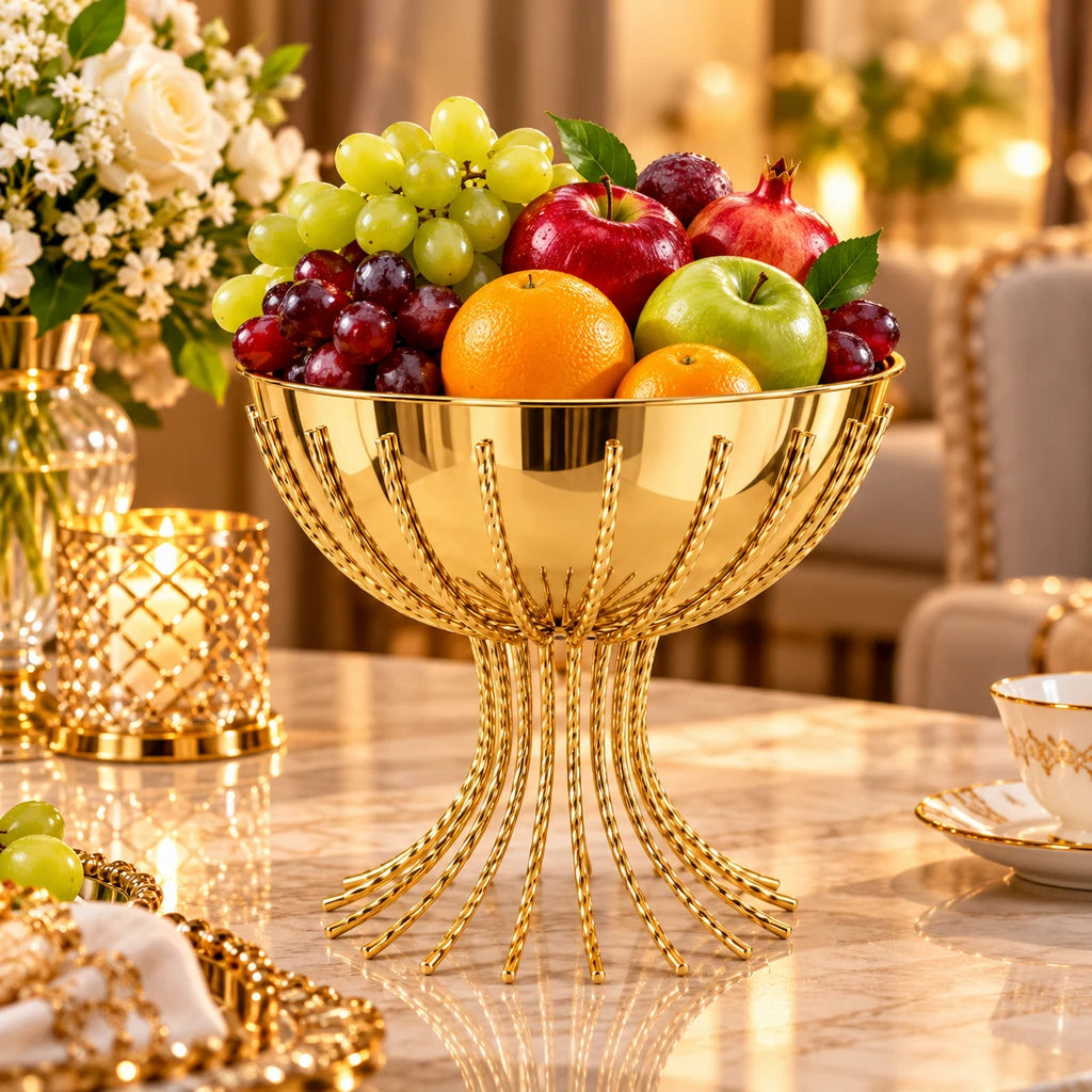 Fancy Gold-Toned Stainless Steel Fruit Bowl With Curved Rod Pedestal - 20 & 25 cm