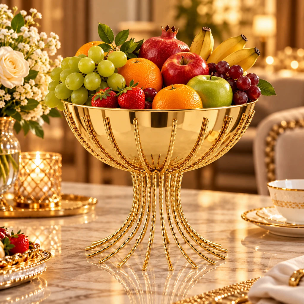 Fancy Gold-Toned Stainless Steel Fruit Bowl With Curved Rod Pedestal - 20 & 25 cm