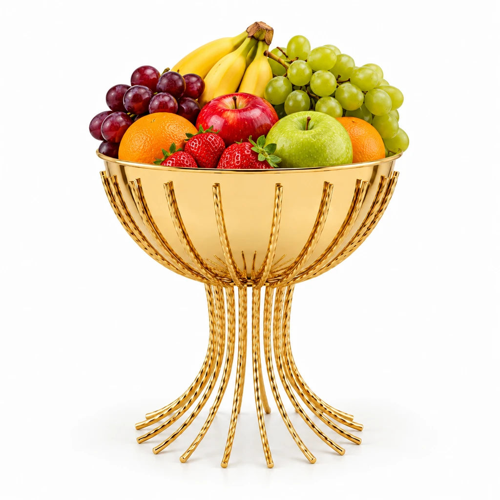 Fancy Gold-Toned Stainless Steel Fruit Bowl With Curved Rod Pedestal - 20 & 25 cm