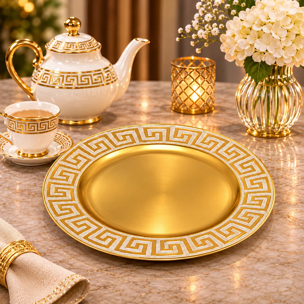 Golden Greek Key Plastic Charger Plate, 12 Inch, Display Only