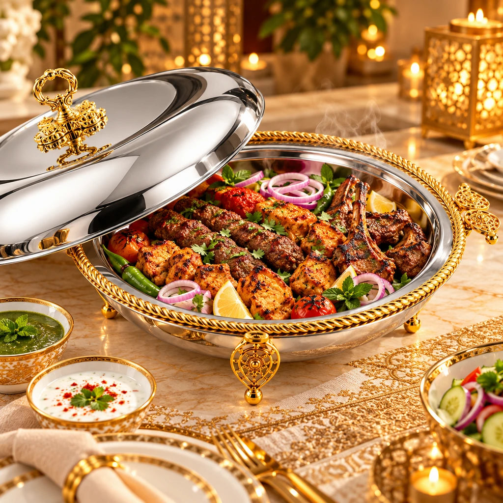 Fancy Stainless Steel Round BBQ Platter With Stand & Lid