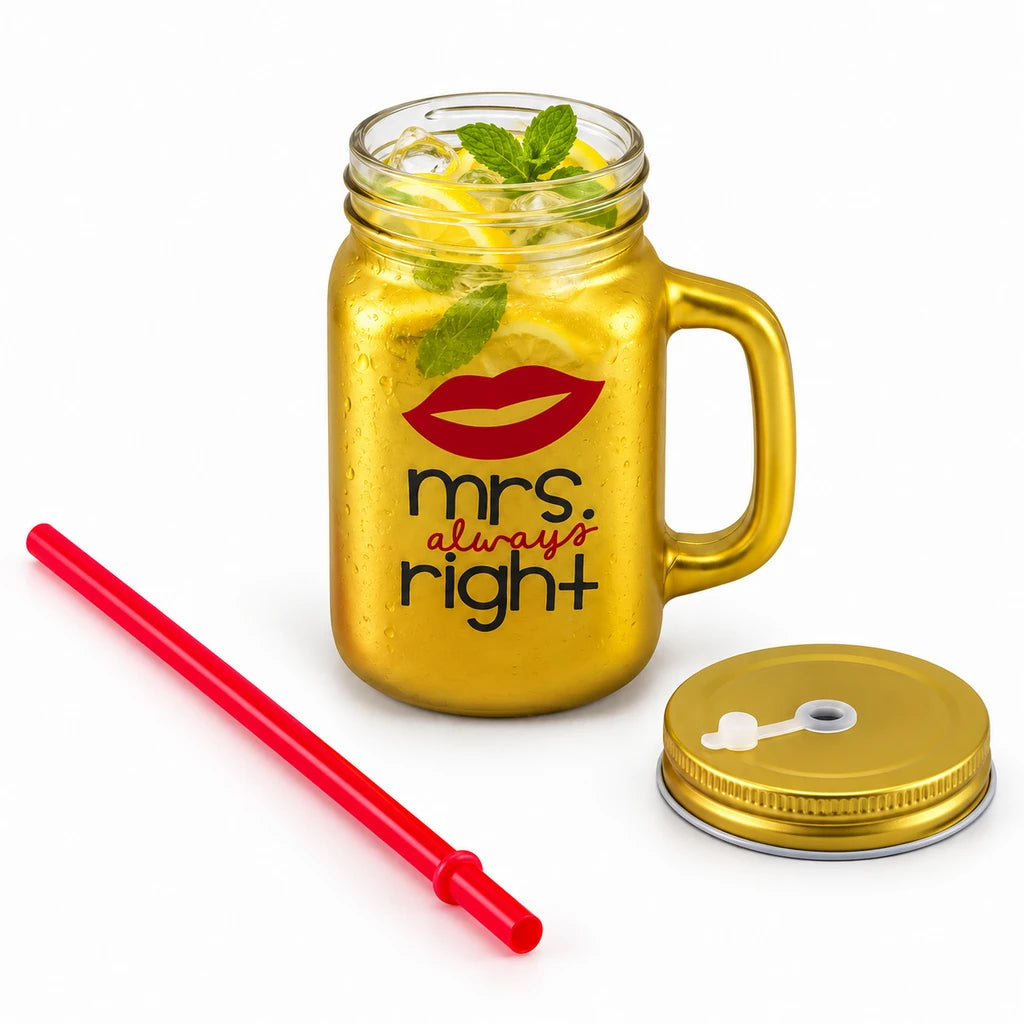 Kleeyo Golden Mrs. Always Right Glass Mason Jar, 450 ml