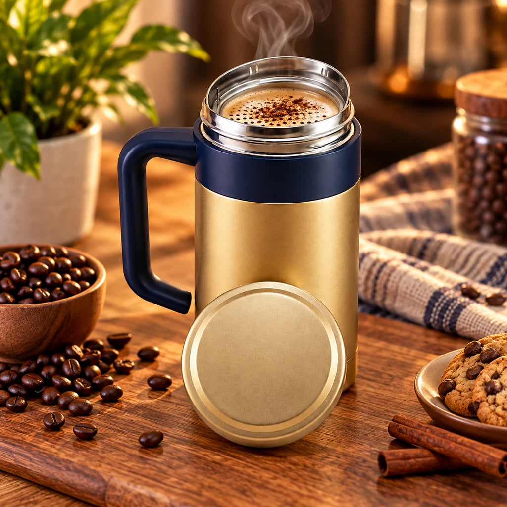 Crest 500 ML Vacuum-Insulated Coffee Mug with Handle | Golden Color