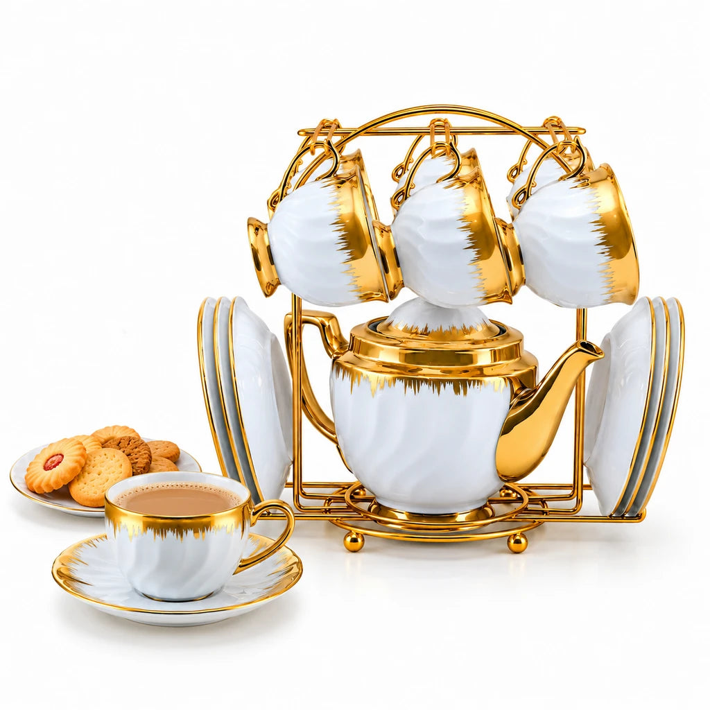 Royal Gold Feathered Rim Ceramic Tea Set with Stand, 13 Pieces