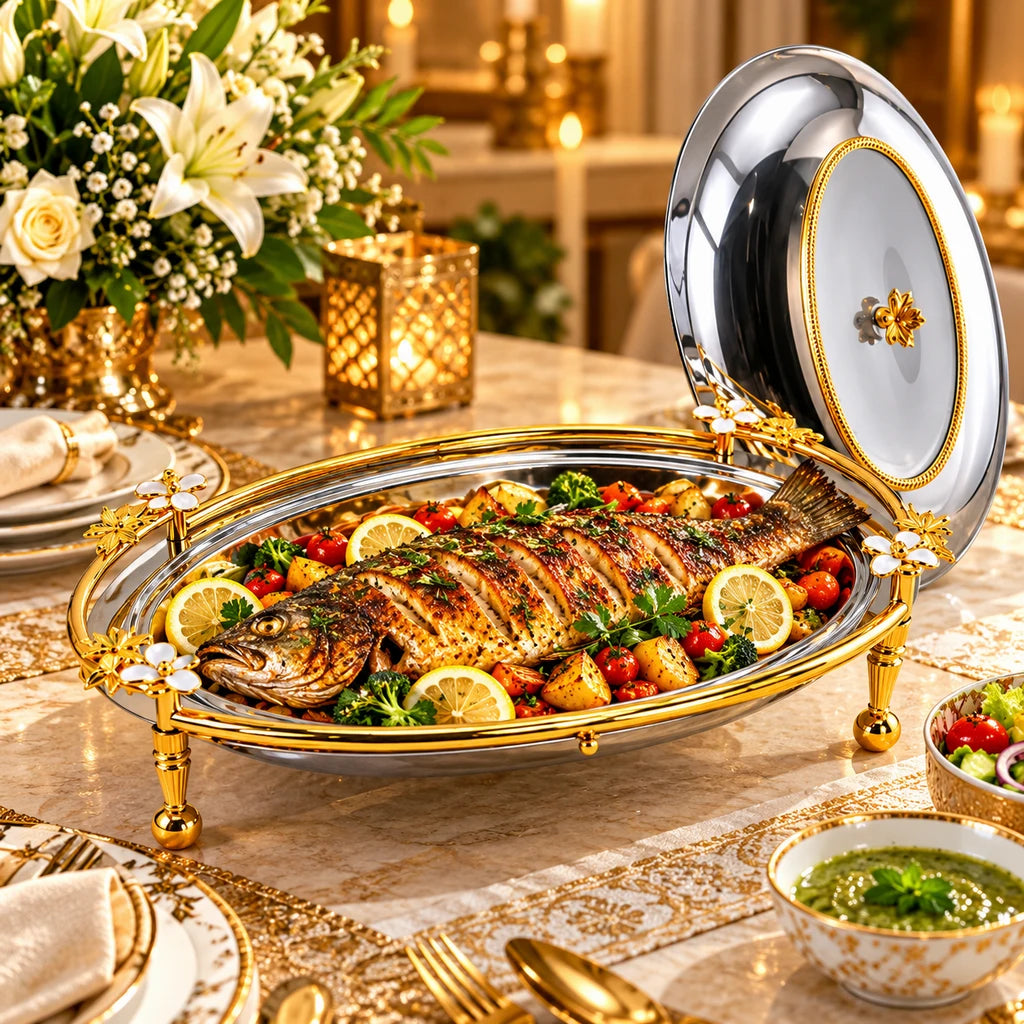 Fancy Stainless Steel 42 cm Oval Serving Dish With Lid & Stand