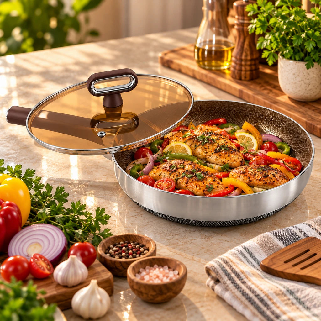 Titanium-Coated Non-Stick Frying Pan With Glass Lid - 24 & 28 cm