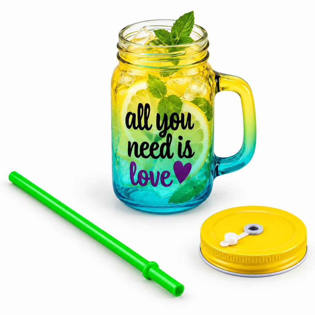 Kleeyo Yellow-Blue All You Need Is Love Glass Mason Jar, 450 ml