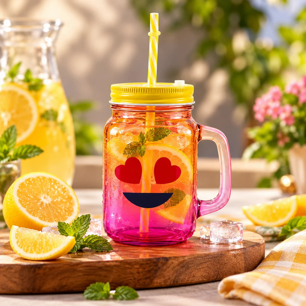 Kleeyo Heart-Eyes Smile 450 ml Glass Mason Jar with Straw