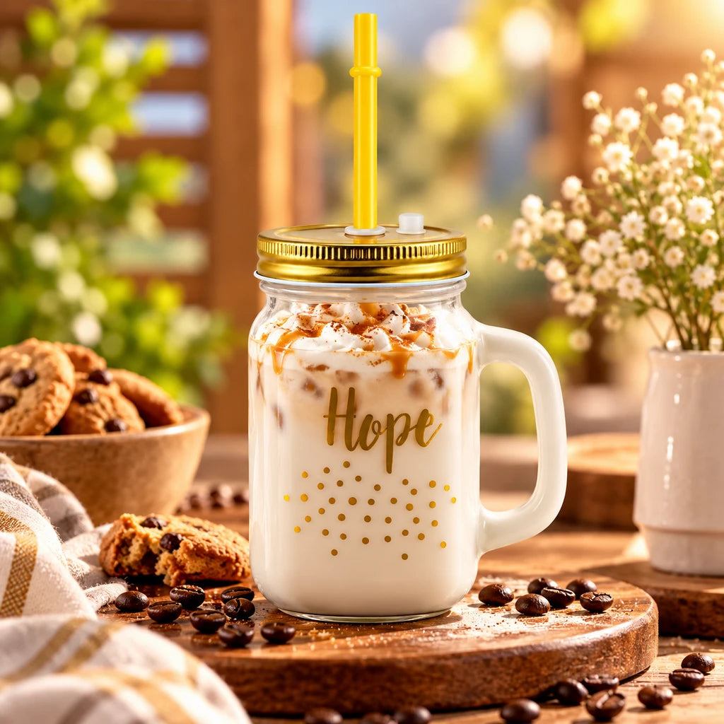 Kleeyo Golden Hope 450 ml Glass Mason Jar with Straw