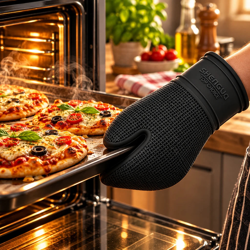 Shengya Silicone Baking Gloves With Textured Grip - Red, Grey & Black