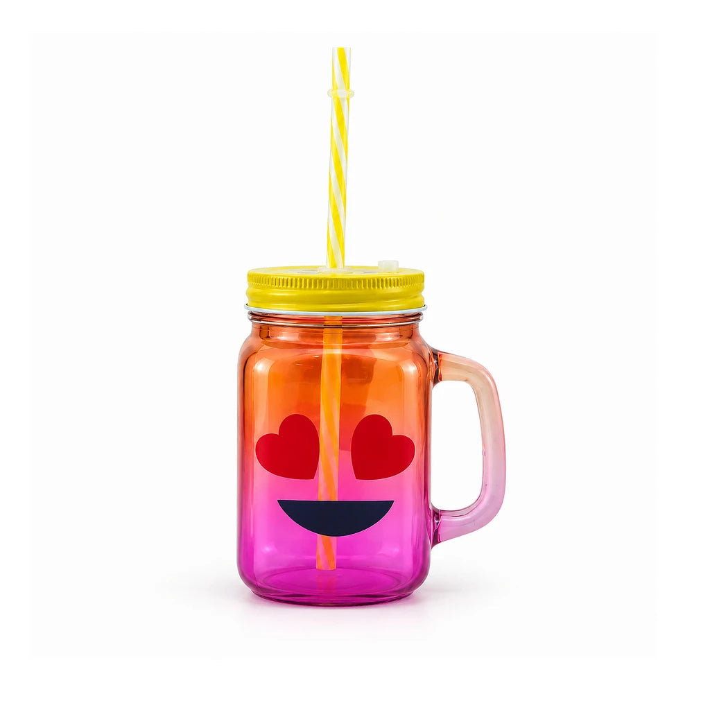 Kleeyo Heart-Eyes Smile 450 ml Glass Mason Jar with Straw