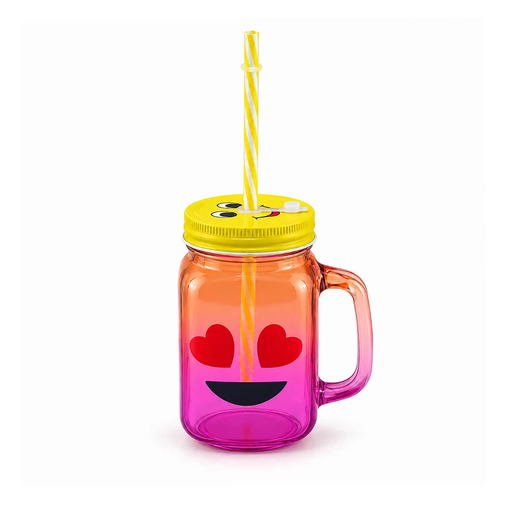 Kleeyo Heart-Eyes Smile 450 ml Glass Mason Jar with Straw
