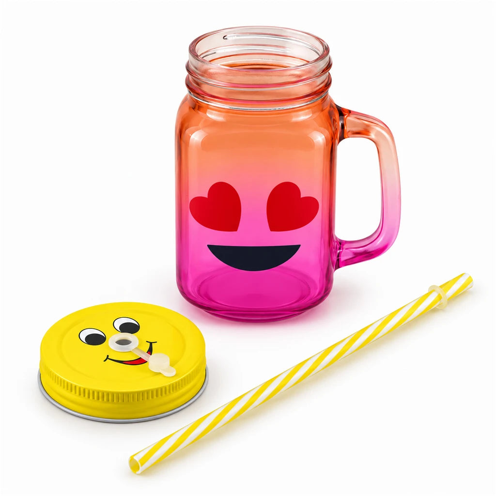 Kleeyo Heart-Eyes Smile 450 ml Glass Mason Jar with Straw