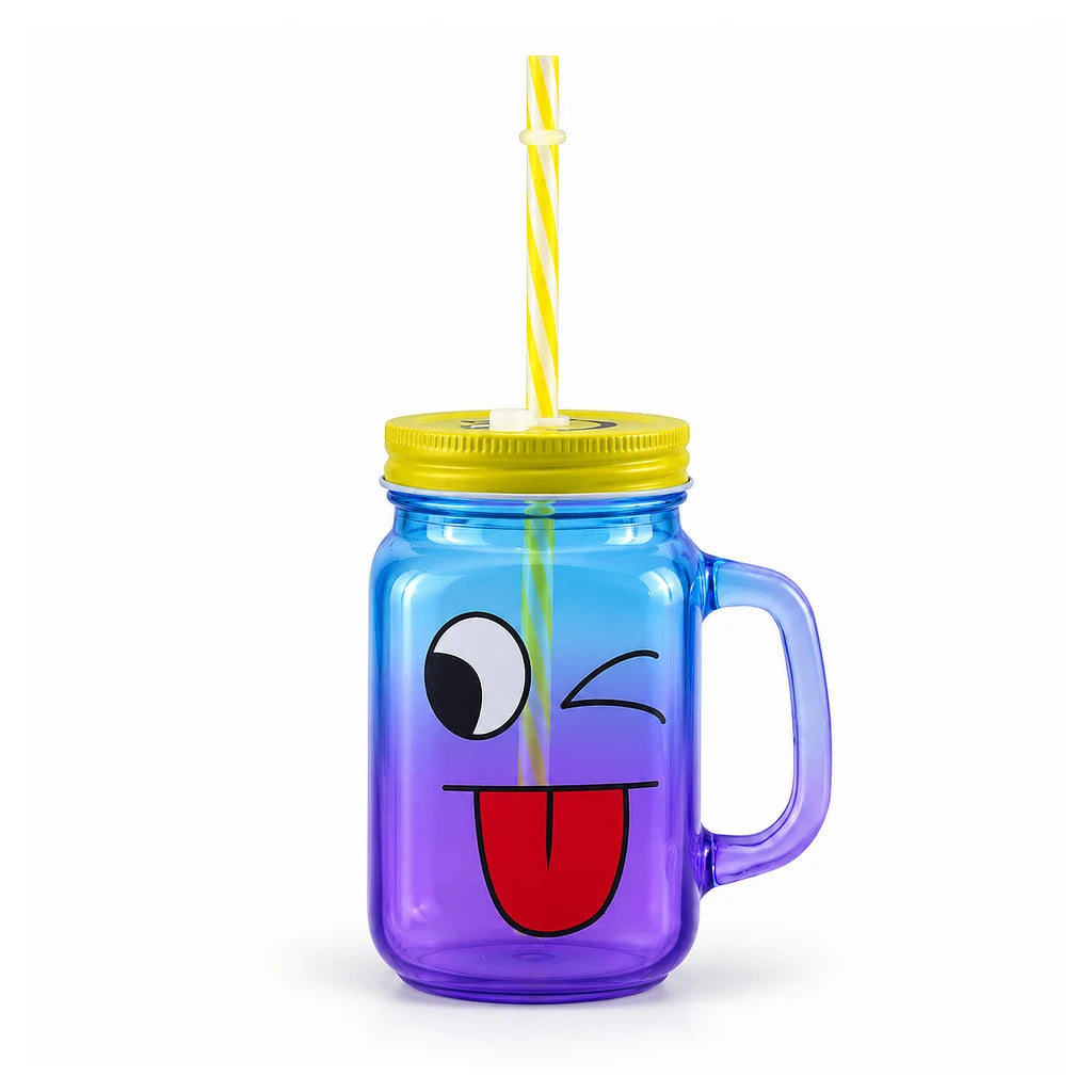 Kleeyo Cheeky Wink 450 ml Glass Mason Jar with Straw