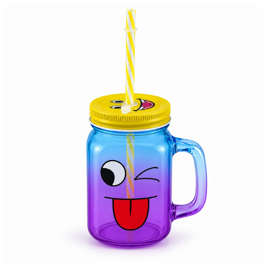 Kleeyo Cheeky Wink 450 ml Glass Mason Jar with Straw