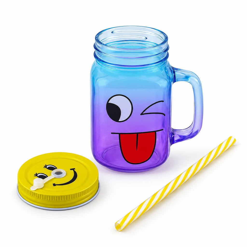 Kleeyo Cheeky Wink 450 ml Glass Mason Jar with Straw