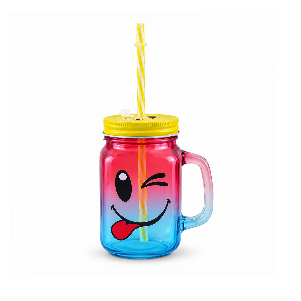 Kleeyo Pink-Blue Silly Smile 450 ml Glass Mason Jar