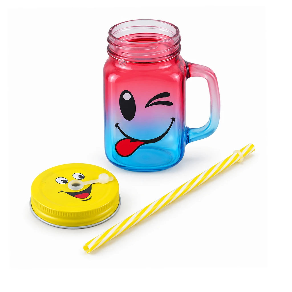 Kleeyo Pink-Blue Silly Smile 450 ml Glass Mason Jar