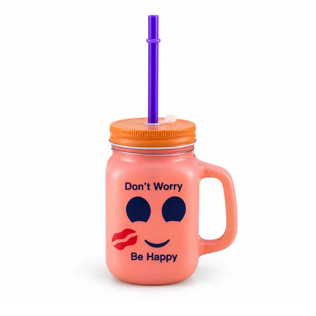 Kleeyo Coral Kiss 450 ml Glass Mason Jar with Straw