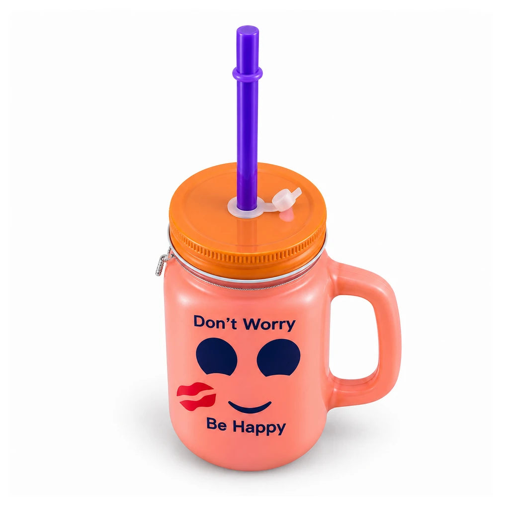 Kleeyo Coral Kiss 450 ml Glass Mason Jar with Straw