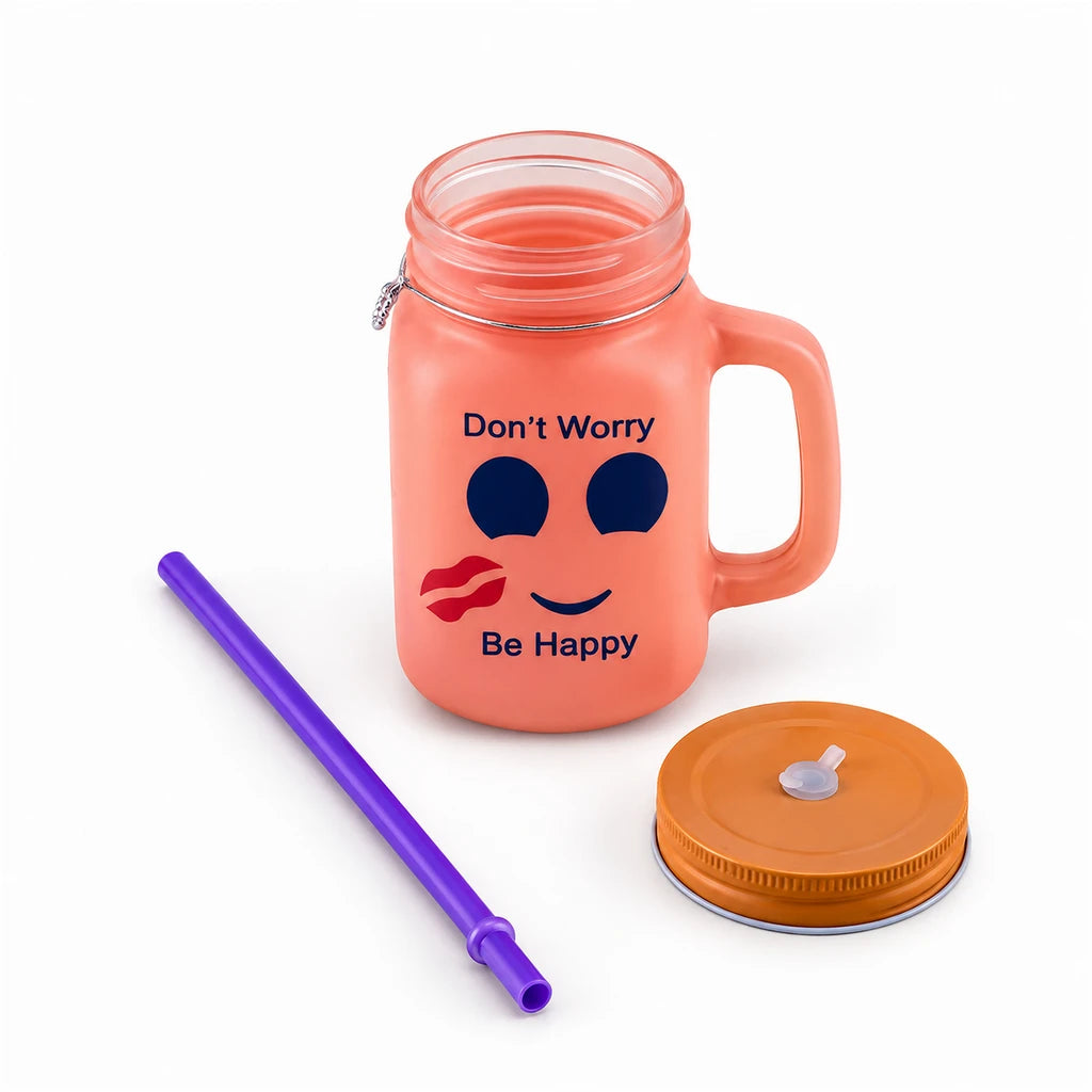 Kleeyo Coral Kiss 450 ml Glass Mason Jar with Straw