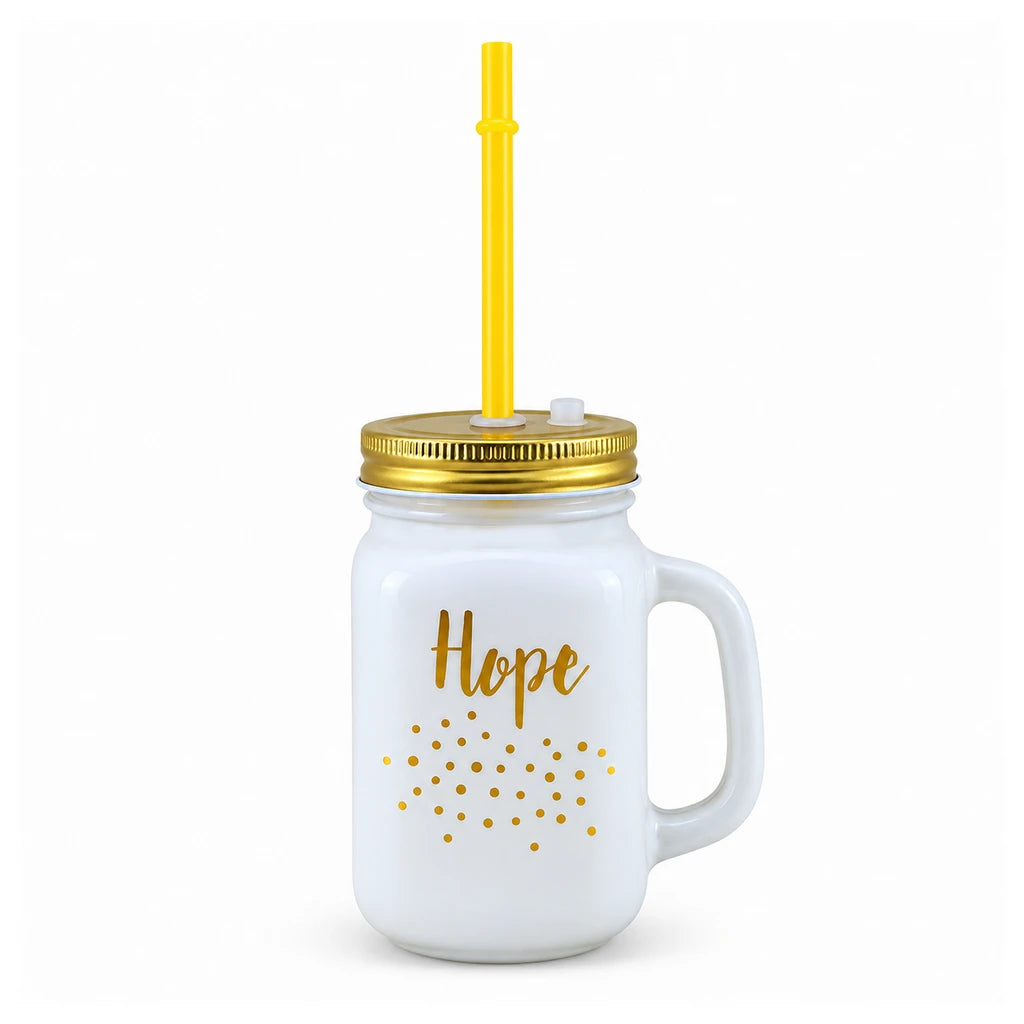 Kleeyo Golden Hope 450 ml Glass Mason Jar with Straw