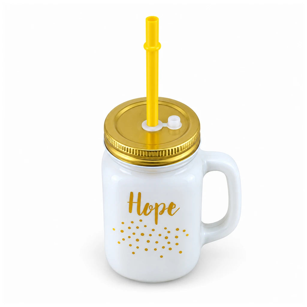 Kleeyo Golden Hope 450 ml Glass Mason Jar with Straw