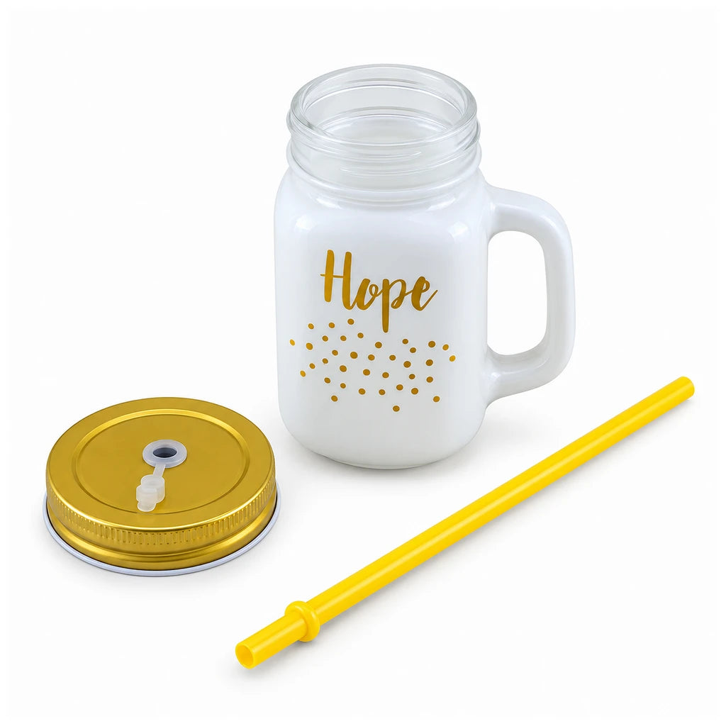 Kleeyo Golden Hope 450 ml Glass Mason Jar with Straw