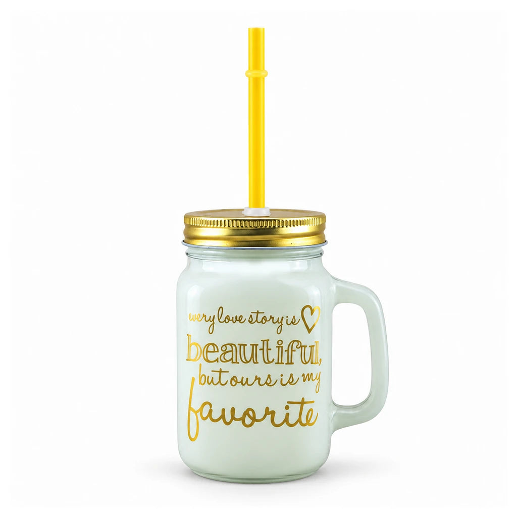 Kleeyo Love Story 450 ml Glass Mason Jar with Straw