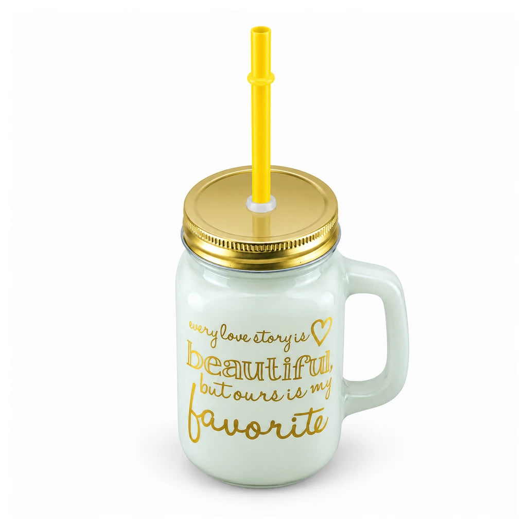 Kleeyo Love Story 450 ml Glass Mason Jar with Straw