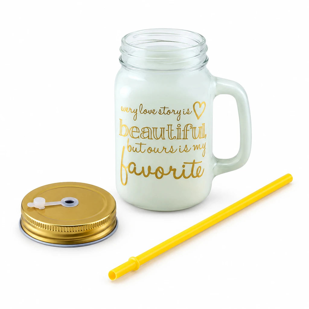 Kleeyo Love Story 450 ml Glass Mason Jar with Straw