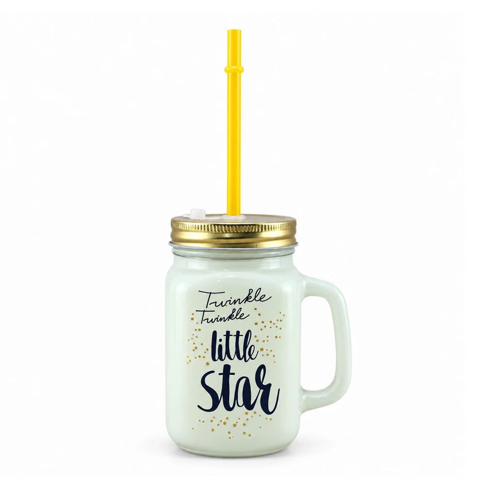 Kleeyo Twinkle Star 450 ml Glass Mason Jar with Straw