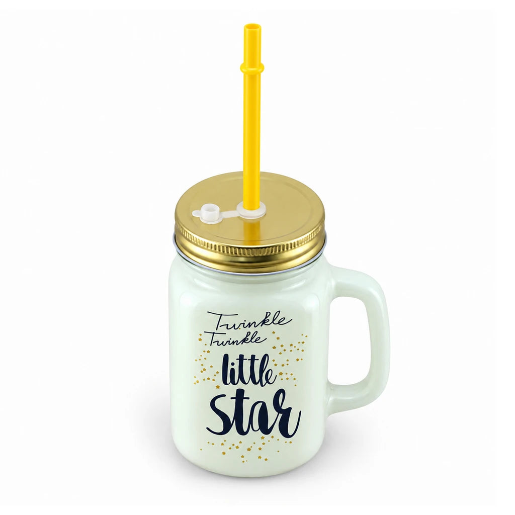 Kleeyo Twinkle Star 450 ml Glass Mason Jar with Straw